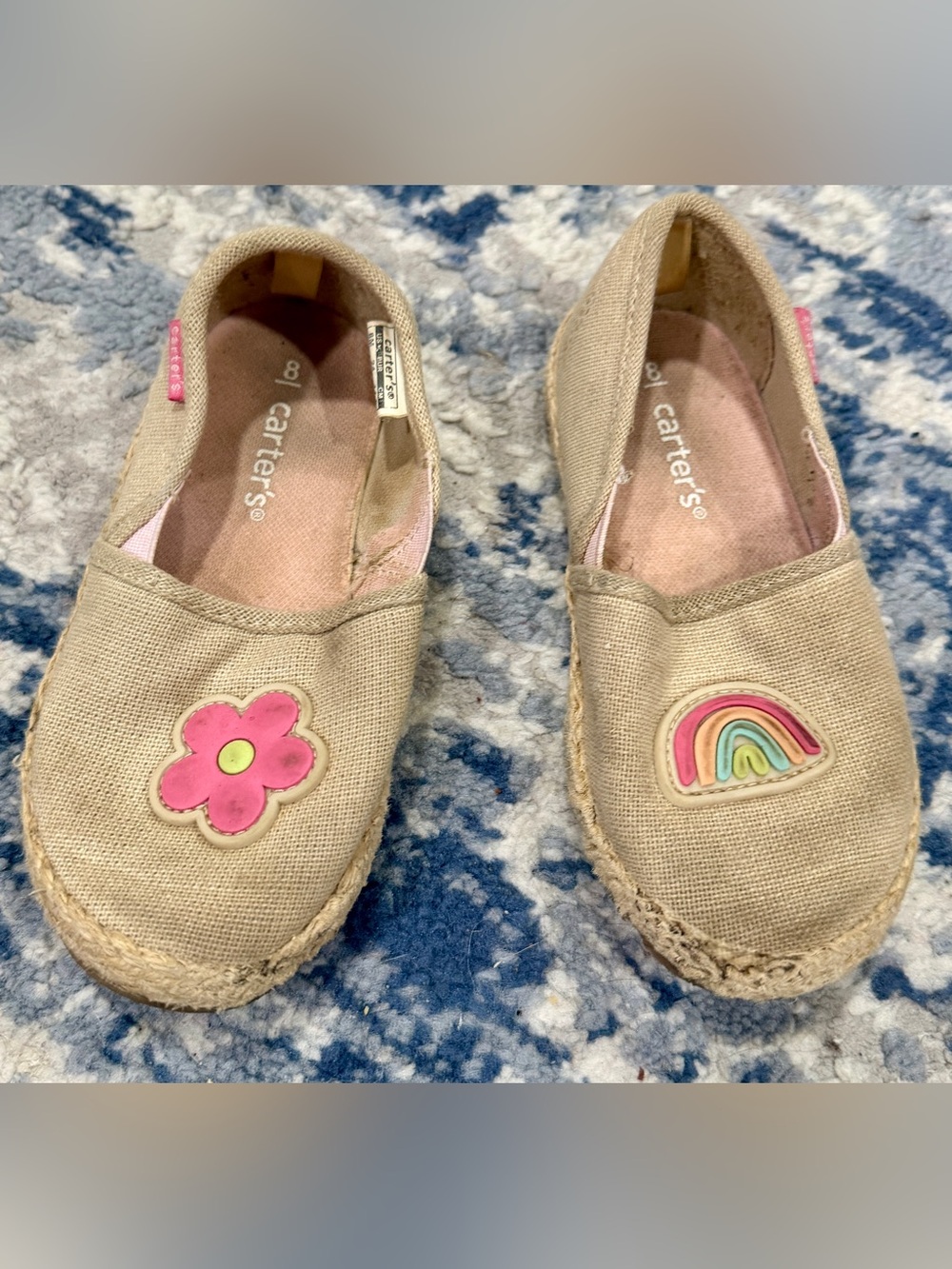 Carter's Beige Canvas Slip-On Shoes with Pink Flower & Rainbow Accent